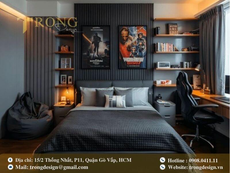Phòng ngủ hiện đại và cá tính với nội thất tối màu.