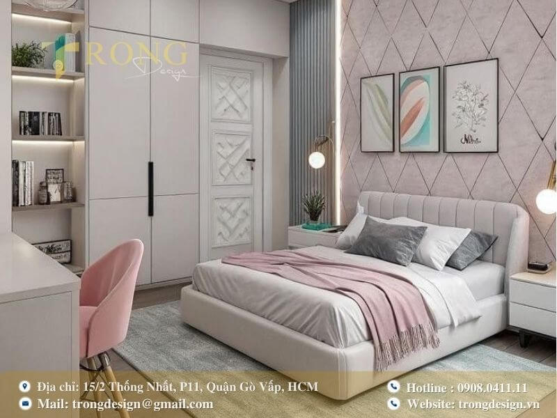 Phòng ngủ hiện đại và nữ tính với tông màu hồng pastel.
