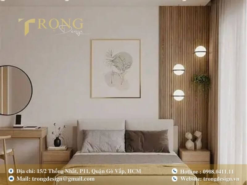 Phòng ngủ hiện đại với tông màu tự nhiên và ánh sáng ấm áp.