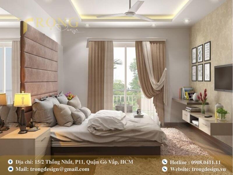 Phòng ngủ hiện đại với gam màu be, thiết kế tiện nghi và ấm áp.