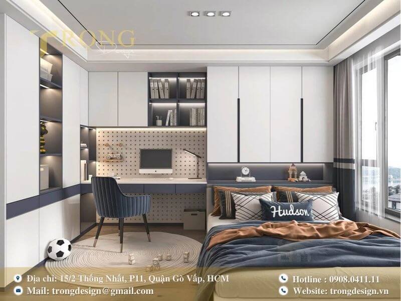 Phòng ngủ hiện đại và tiện nghi cho bé trai với không gian học tập.