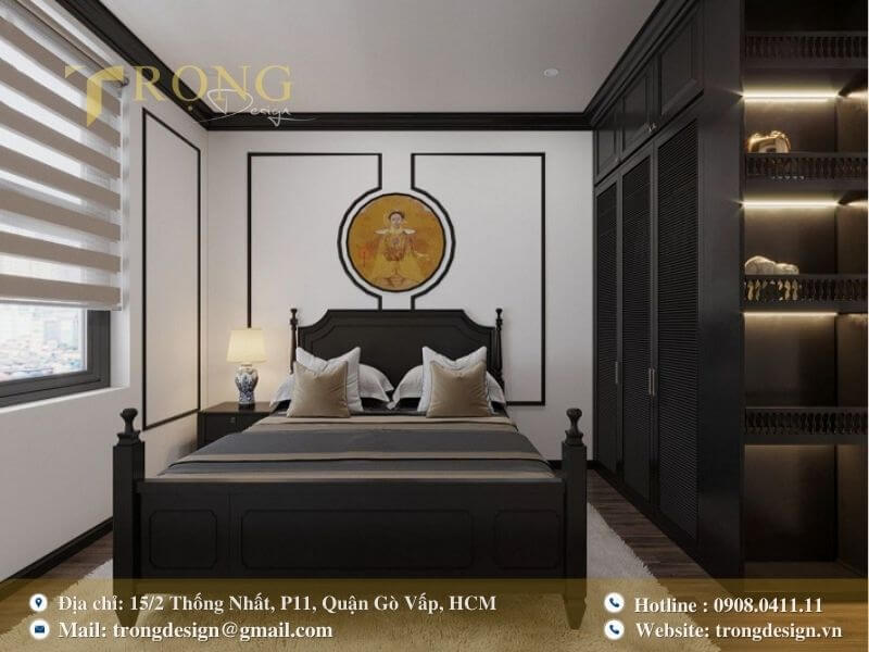 Phòng ngủ Indochine với tông đen trắng.
