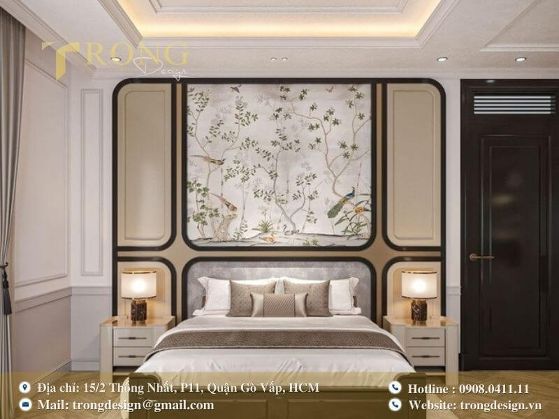 Phòng ngủ Đông Dương với tông màu trung tính và họa tiết thiên nhiên.