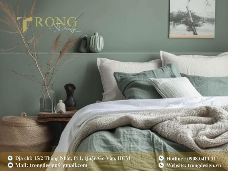 Phòng ngủ tối giản, gần gũi thiên nhiên với tông xanh lá và nội thất gỗ mộc.