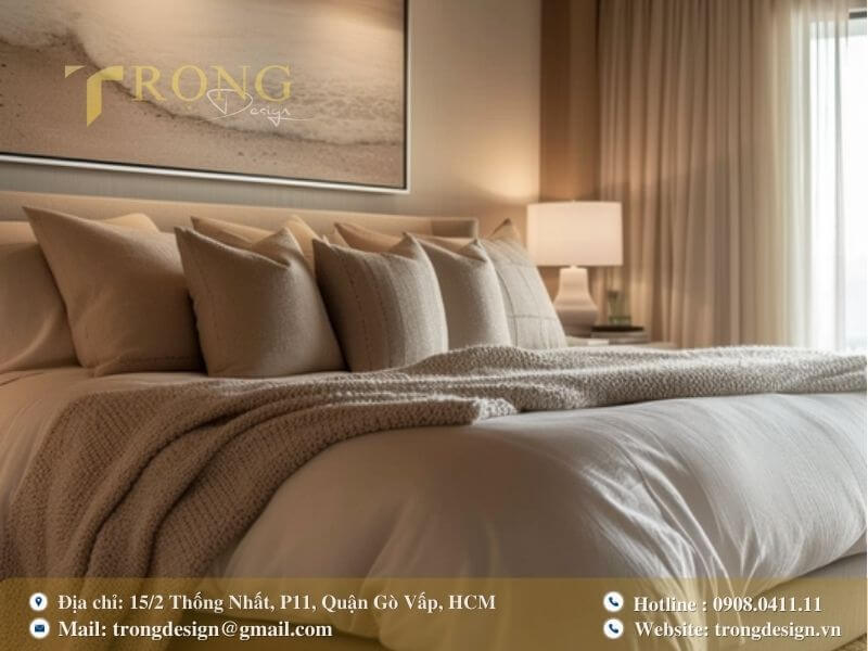 Phòng ngủ hiện đại, ấm áp với tông màu be và chủ đề biển cả.