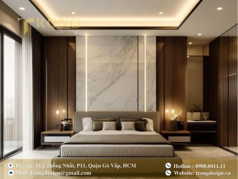 Phòng ngủ sang trọng, hiện đại với tường ốp đá marble và nội thất gỗ trầm.