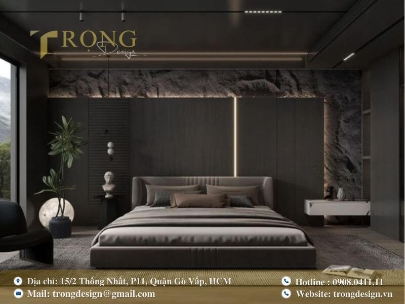 Phòng ngủ hiện đại, ấn tượng với tường đá, gỗ và tầm nhìn núi non hùng vĩ.