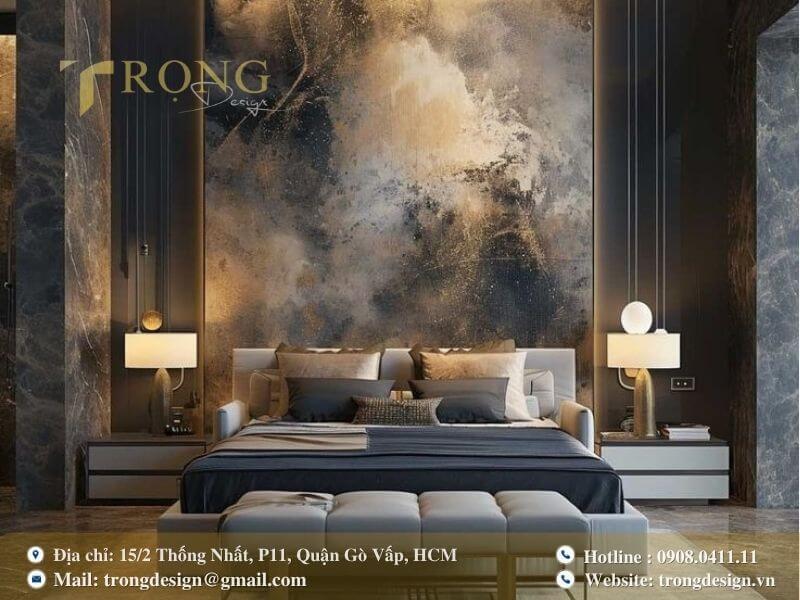 Phòng ngủ tân cổ điển với gam màu đen và nội thất dát vàng sang trọng.