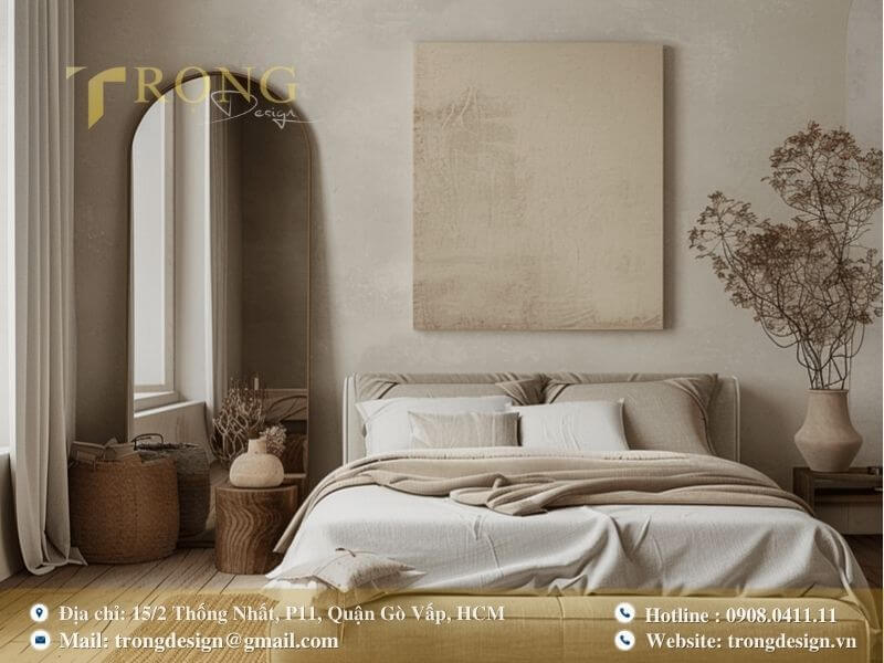 Phòng ngủ tối giản, ấm cúng với vật liệu tự nhiên và tông màu be.