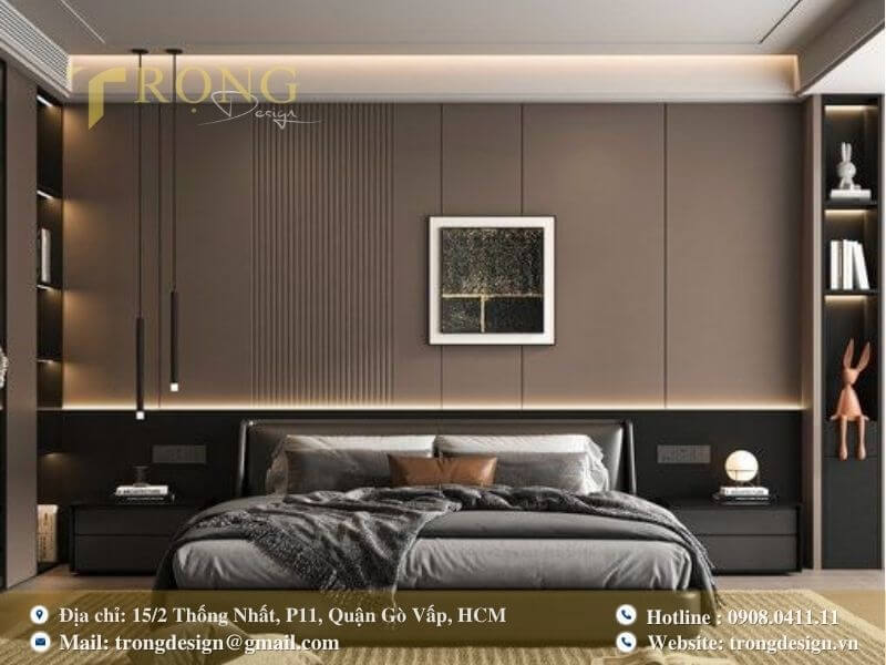 Phòng ngủ hiện đại với gam màu tối ấm áp.