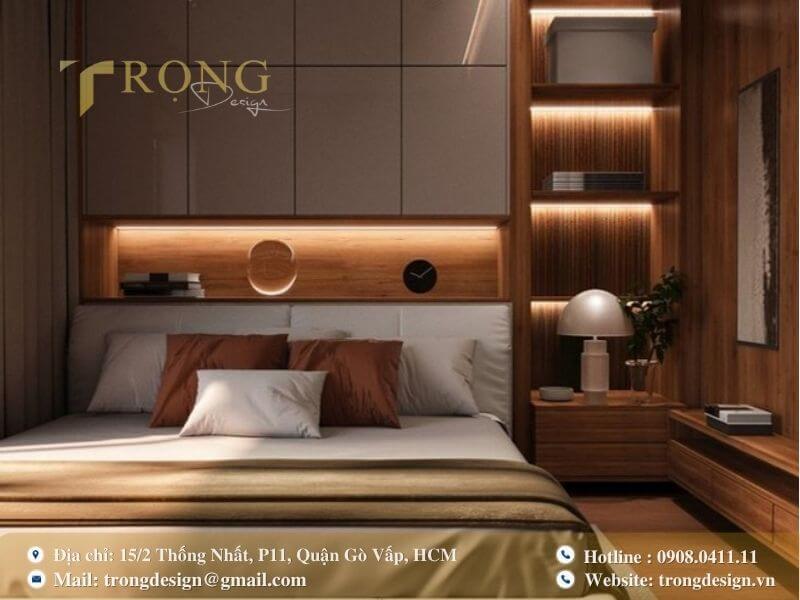 Phòng ngủ hiện đại sang trọng với ánh sáng tinh tế.