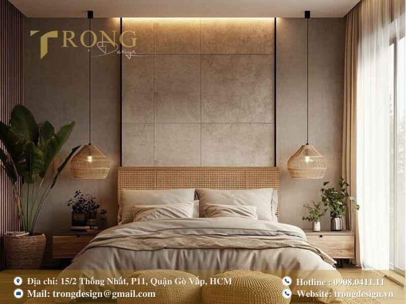 Phòng ngủ hiện đại pha nét với tranh tường nghệ thuật và ánh sáng dịu nhẹ.