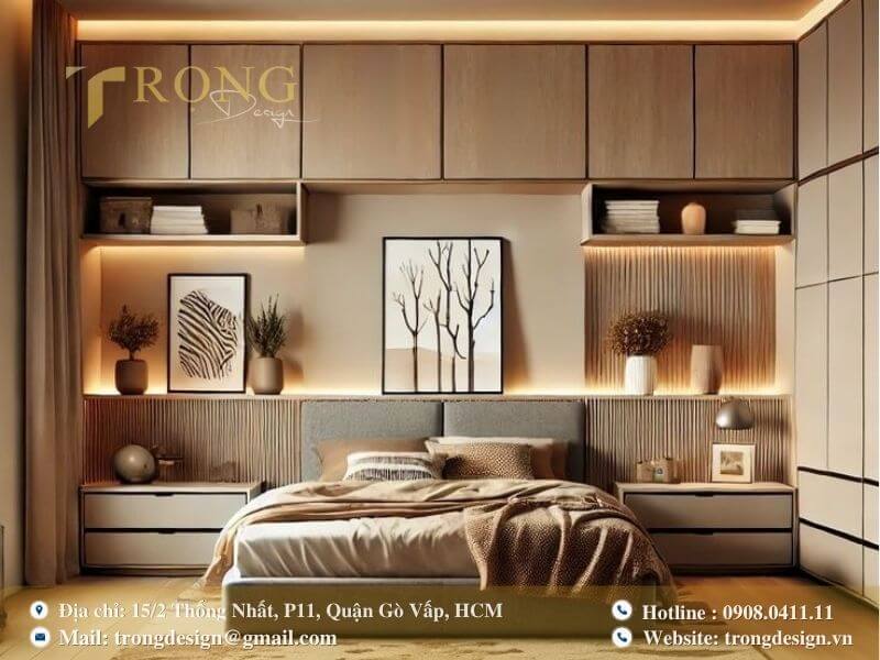 Phòng ngủ hiện đại tiện nghi với hệ tủ âm tường.