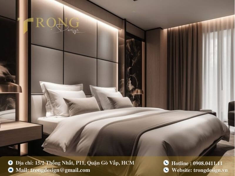 Phòng ngủ hiện đại sang trọng với đầu giường bọc nệm.