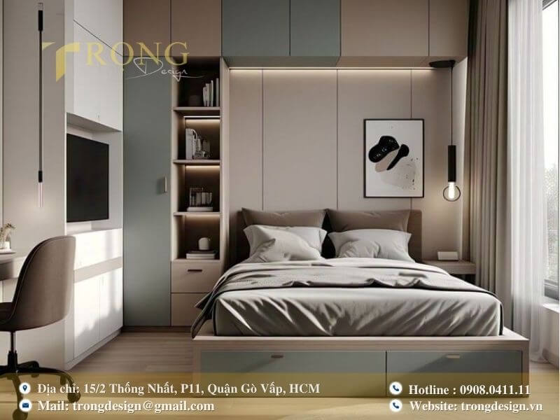 Phòng ngủ hiện đại đa năng với góc làm việc tiện lợi.