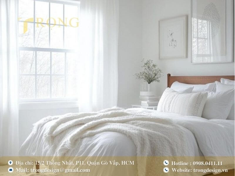 Phòng ngủ trắng tinh khôi, mang lại sự yên bình và thanh thản.