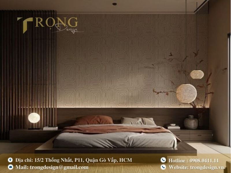 Không gian phòng ngủ hiện đại với tông màu trầm ấm và ánh sáng dịu nhẹ.