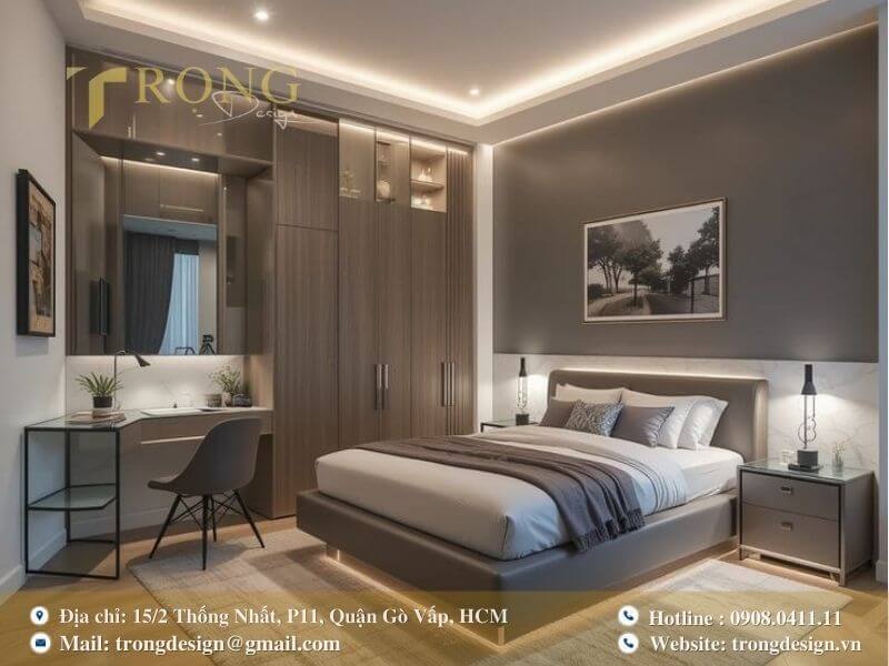 Phòng ngủ hiện đại, tối giản với tông màu xám, nội thất tích hợp và ánh sáng ấm áp.