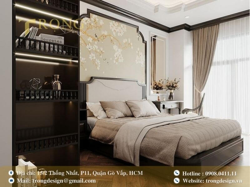 Phòng ngủ hiện đại, yên tĩnh với tranh hoa anh đào.
