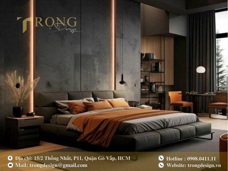 Không gian hiện đại, cá tính với sự tương phản giữa tông màu tối và màu cam ấm.