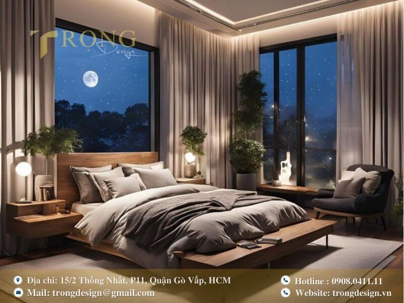 Không gian phòng ngủ ấm áp và lãng mạn dưới ánh trăng.