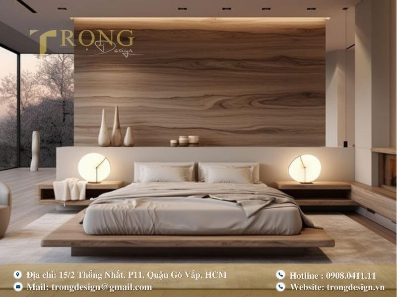 Phòng ngủ tối giản với bức tường gỗ nguyên khối ấn tượng.