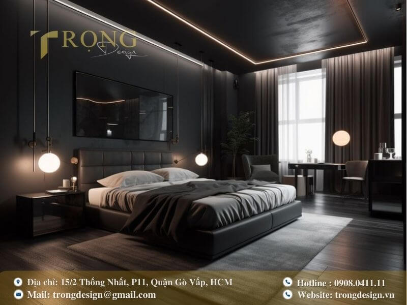Phòng ngủ tối giản với tông màu đen ấn tượng và ánh sáng nghệ thuật.