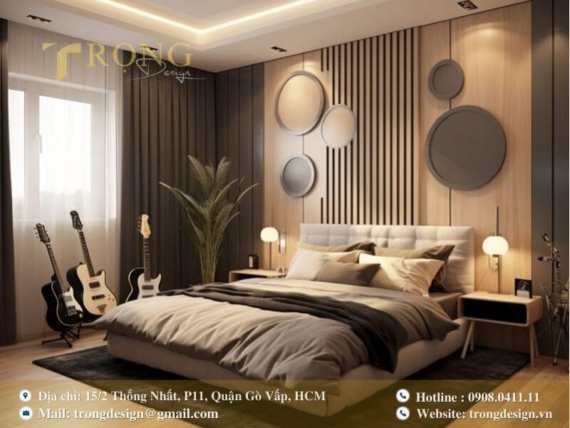 Thiết kế phòng ngủ tối giản, phong cách Wabi-sabi với tường trang trí thô mộc.