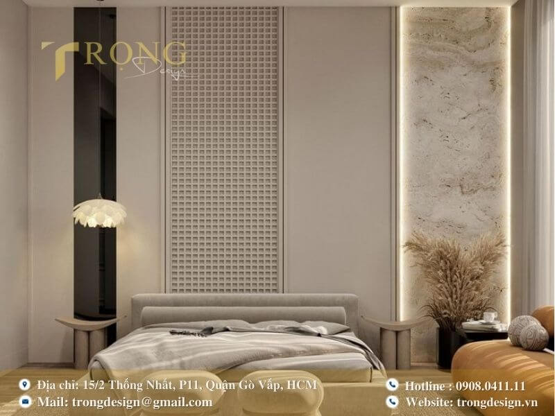 Phòng ngủ sang trọng với sự kết hợp vật liệu và kết cấu tinh tế.