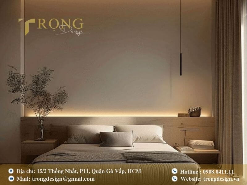 Phòng ngủ tối giản hiện đại với tường ốp họa tiết độc đáo.