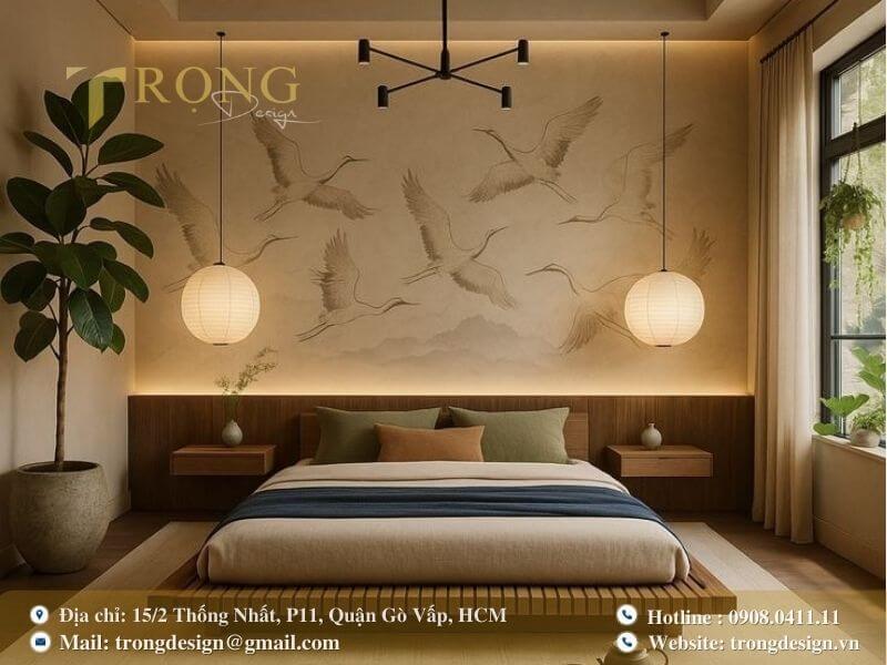 Không gian phòng ngủ tối giản, thanh bình với ánh sáng ấm áp.