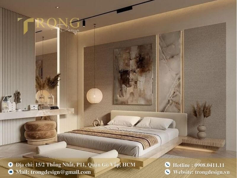 Không gian phòng ngủ tối giản, hiện đại với sự kết hợp hài hòa giữa gỗ và đá.
