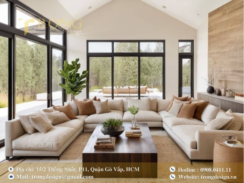 Thiết kế phòng khách rộng rãi, sang trọng với chất liệu gỗ tự nhiên.