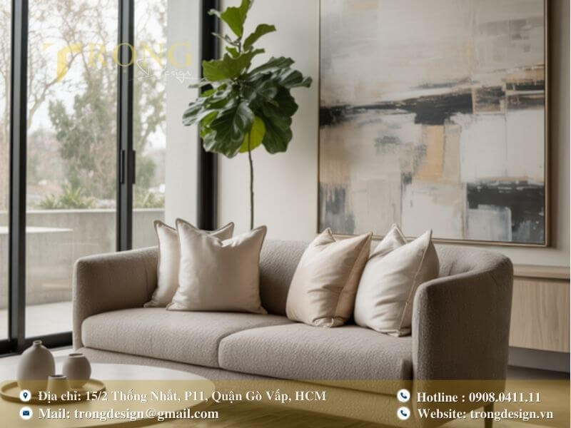 Phòng khách hiện đại, thanh lịch và tập trung vào các chi tiết trang trí tinh tế.
