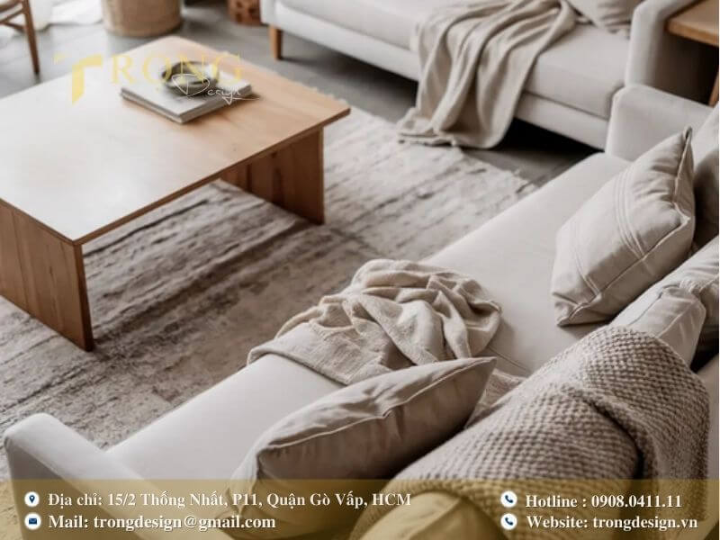 Phòng khách tối giản, ấm áp với nội thất bằng gỗ và chất liệu vải tự nhiên.