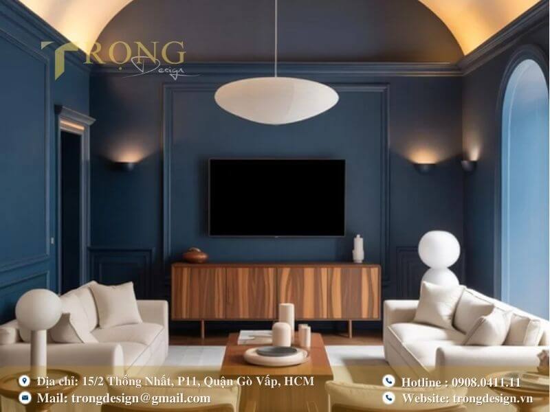 Tông màu xanh dương đậm tạo nên một phòng khách sang trọng.