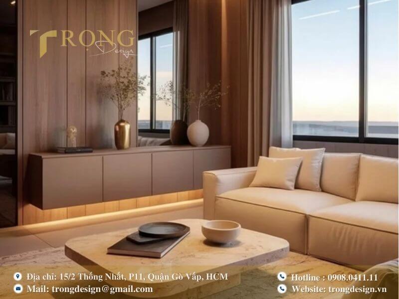 Tông màu đất và ánh sáng vàng tạo nên một phòng khách ấm cúng, tinh tế.