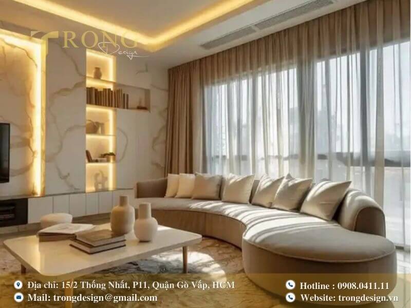 Không gian phòng khách mềm mại, hiện đại và ấm áp.