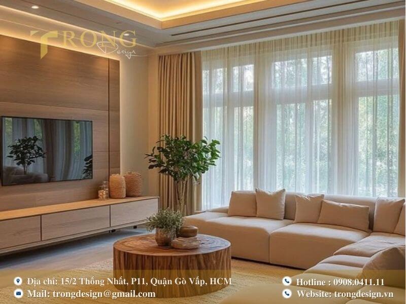 Một phòng khách hiện đại, ấm cúng và gần gũi với thiên nhiên.