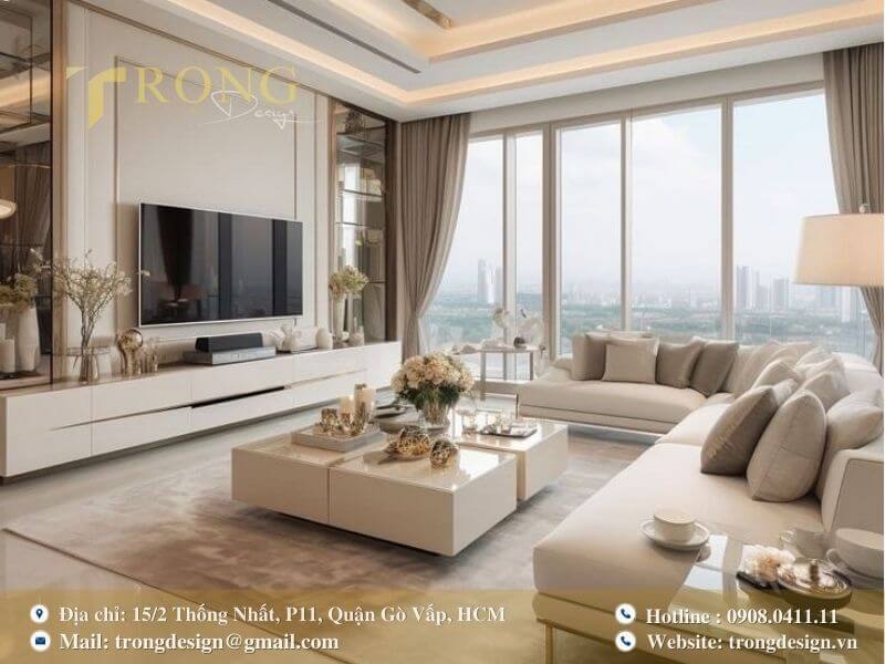 Một phòng khách hiện đại, sang trọng với tông màu sáng và chi tiết mạ vàng tinh tế.