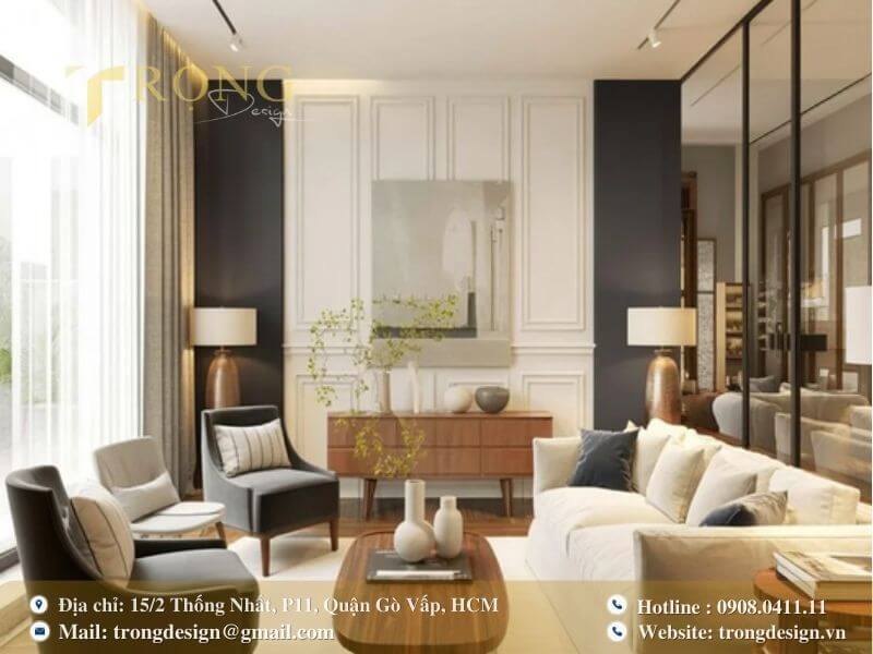 Phòng khách hiện đại, thanh lịch với sàn gỗ xương cá.