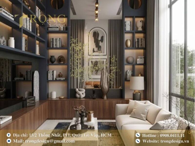 Thiết kế phòng khách hiện đại với kệ sách lớn và sự tương phản màu sắc ấn tượng.