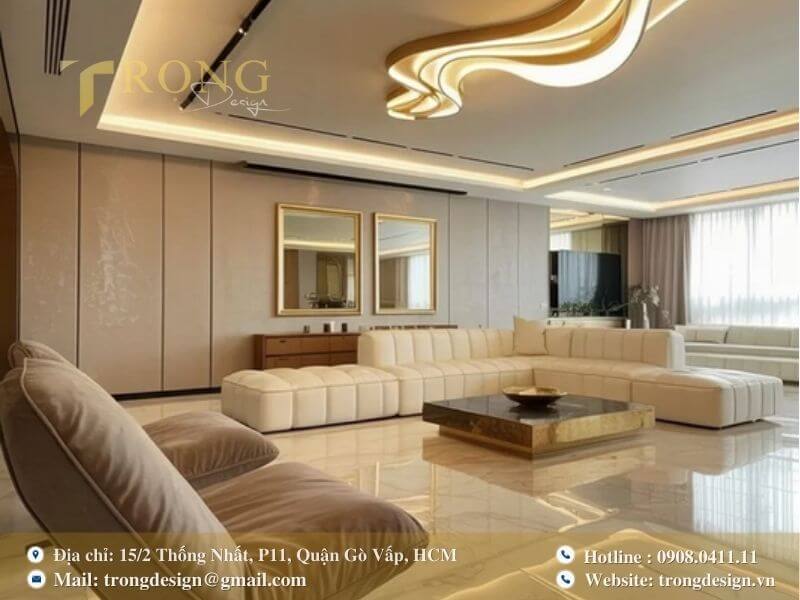 Phòng khách hiện đại, sang trọng với sàn đá cẩm thạch và đèn trần uốn lượn.