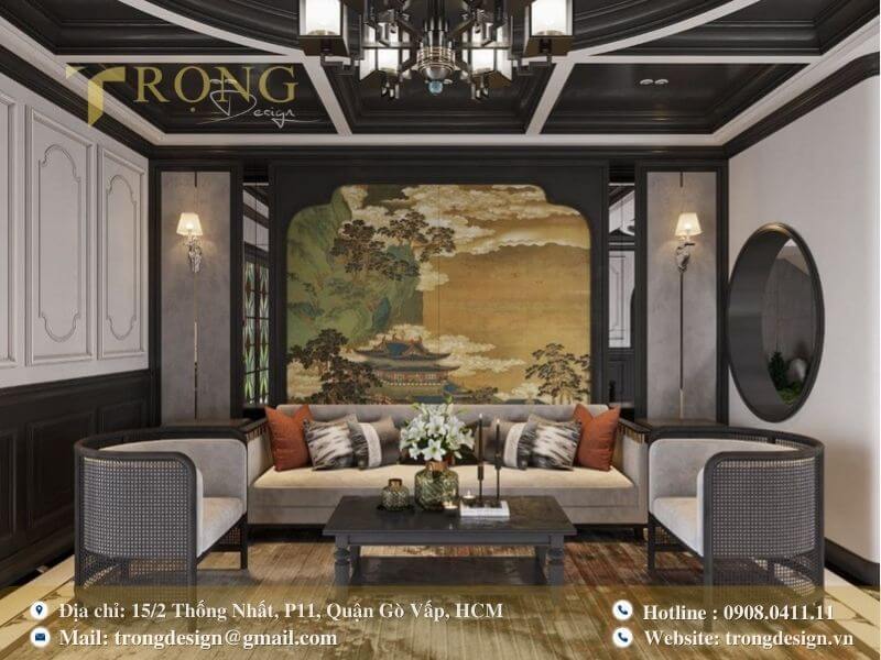Phòng khách Indochine với gam màu trầm, đậm chất Á Đông cổ điển.