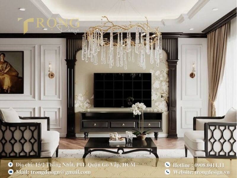 Phòng khách Indochine kết hợp hiện đại, sang trọng với các đường nét cổ điển.