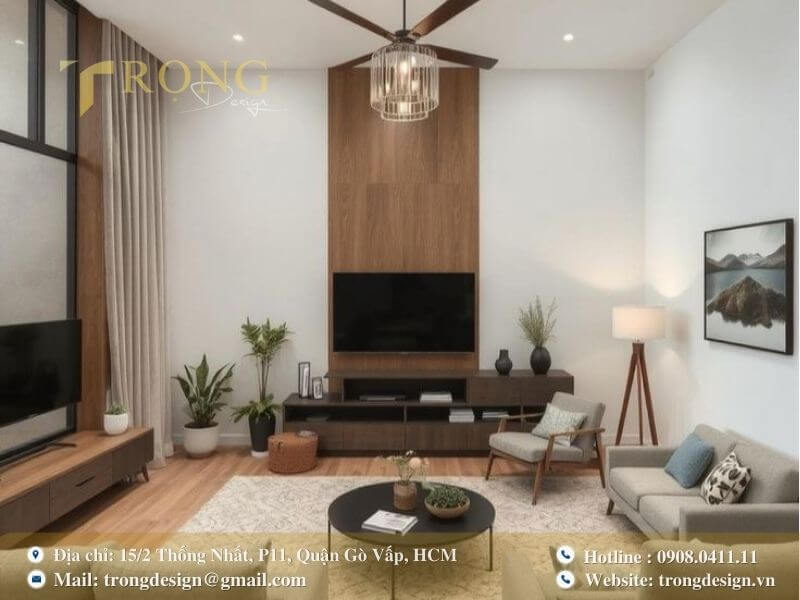 Phòng khách ấm cúng, hài hòa với sự kết hợp của gỗ và nội thất hiện đại.