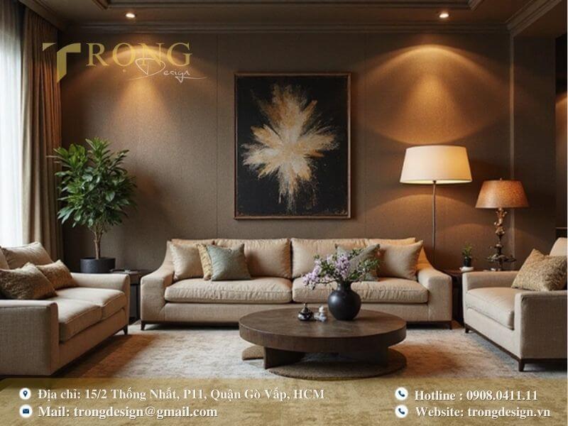 Phòng khách sang trọng với tông màu nâu trầm và ánh sáng ấm áp.