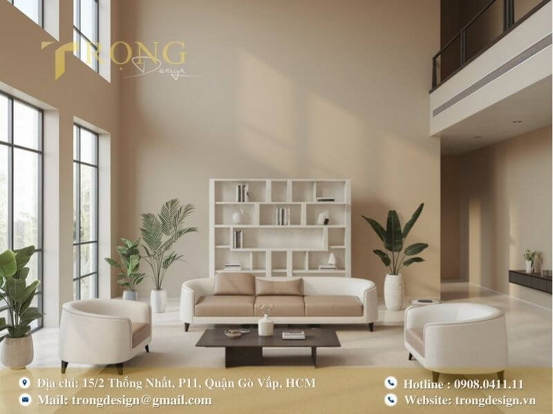Phòng khách tối giản, nhẹ nhàng với gam màu be ấm áp.