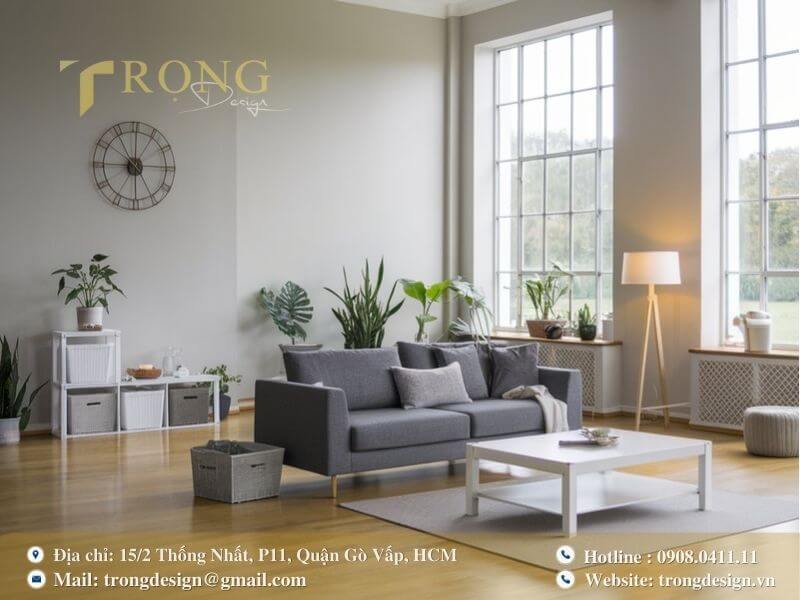 Phòng khách tối giản phong cách Bắc Âu với sự ấm cúng từ gỗ tự nhiên.