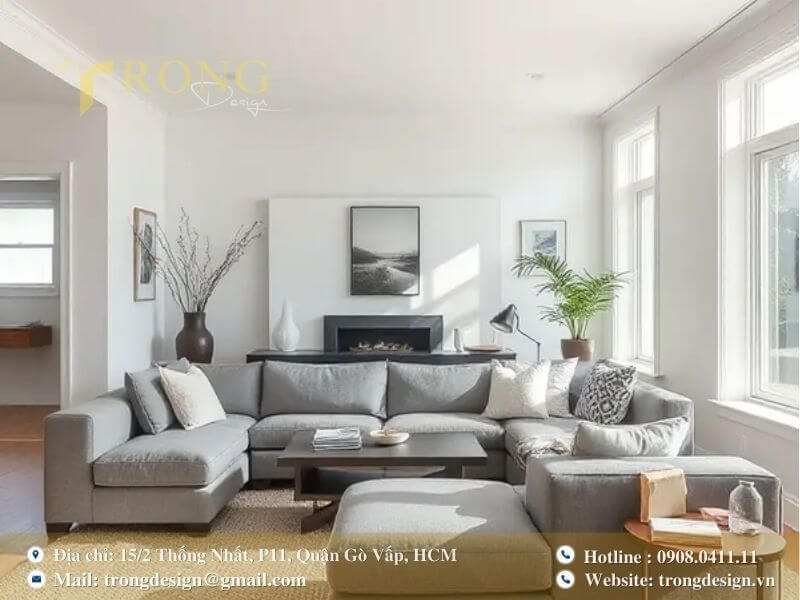 Phòng khách tối giản, tiện nghi với bộ sofa lớn và không gian mở.